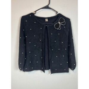 Black‎ Fuzzy Embellished Bow Pearl Cardigan Sweater Women's